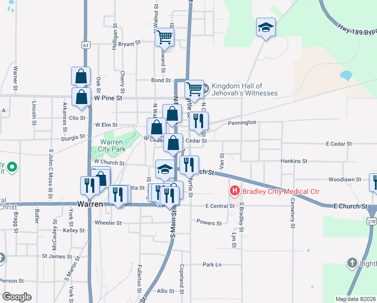 map of restaurants, bars, coffee shops, grocery stores, and more near 207 South Myrtle Street in Warren