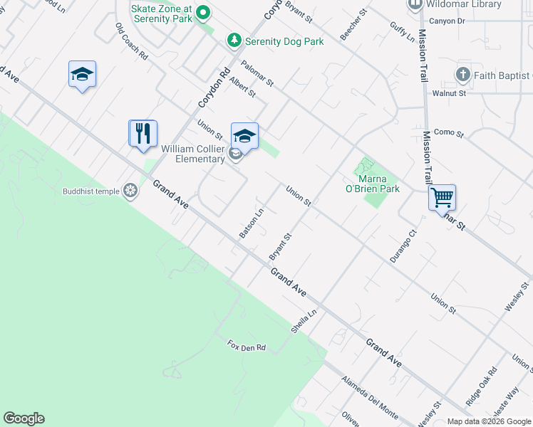 map of restaurants, bars, coffee shops, grocery stores, and more near 32900 Batson Lane in Wildomar