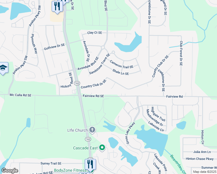 map of restaurants, bars, coffee shops, grocery stores, and more near 2863 Country Club Court Southeast in Conyers