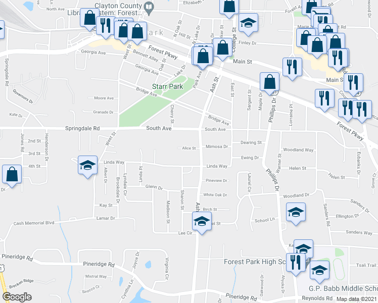 map of restaurants, bars, coffee shops, grocery stores, and more near 785 Alice Street in Forest Park