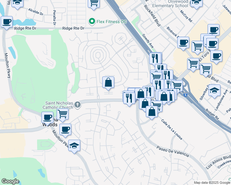 map of restaurants, bars, coffee shops, grocery stores, and more near 2025 Via Mariposa East in Laguna Woods
