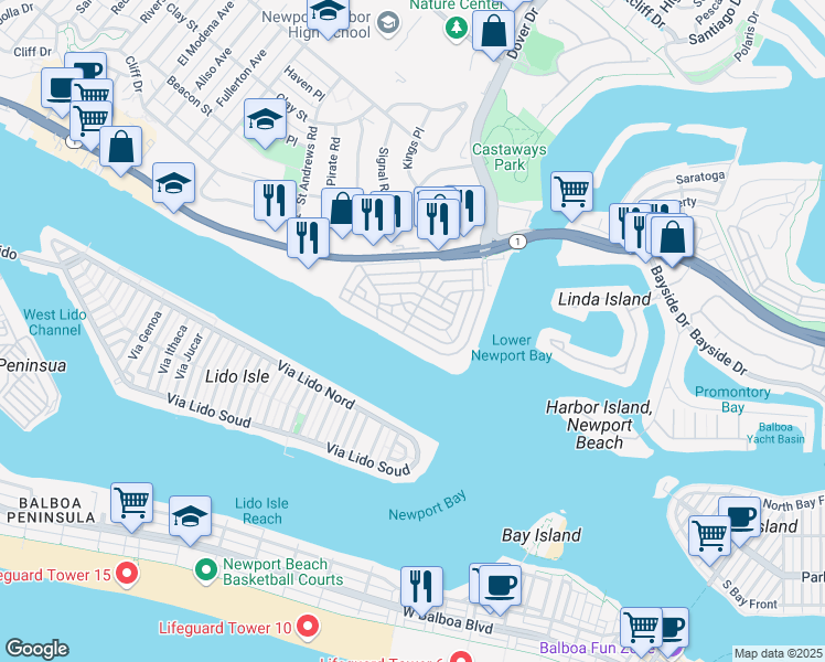 map of restaurants, bars, coffee shops, grocery stores, and more near 2521 Bayshore Drive in Newport Beach