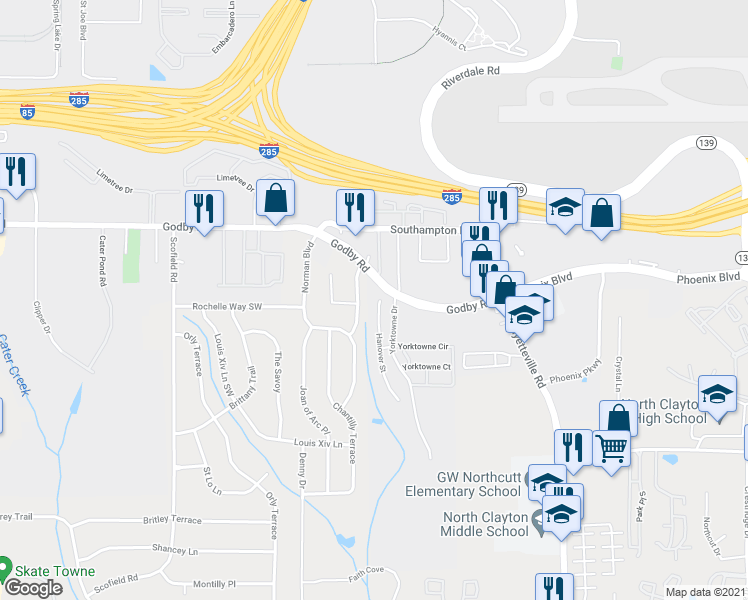 map of restaurants, bars, coffee shops, grocery stores, and more near 5175 Hanover Street in Atlanta