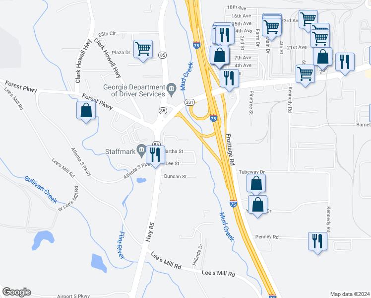 map of restaurants, bars, coffee shops, grocery stores, and more near 331 Martha Street in Forest Park