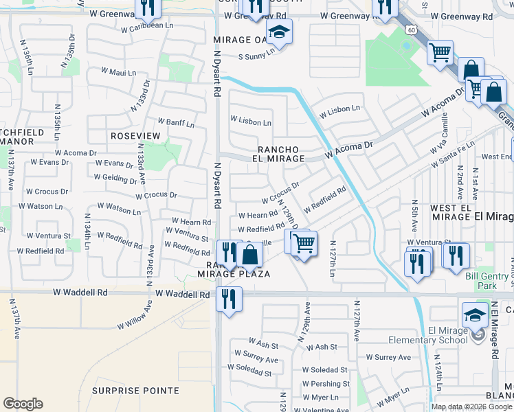 map of restaurants, bars, coffee shops, grocery stores, and more near 12929 West Crocus Drive in El Mirage