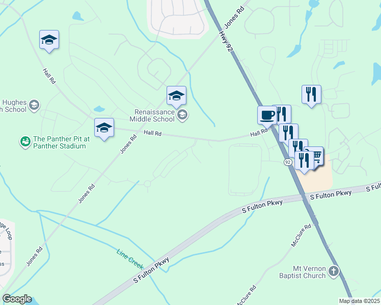 map of restaurants, bars, coffee shops, grocery stores, and more near 8700-8796 Hall Rd in Fairburn