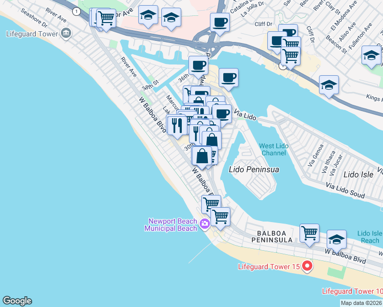 map of restaurants, bars, coffee shops, grocery stores, and more near 211 29th Street in Newport Beach