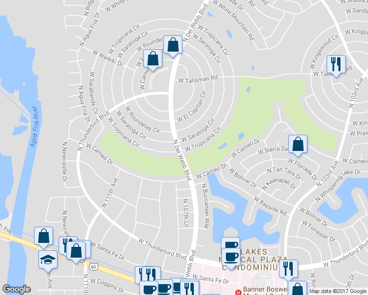 map of restaurants, bars, coffee shops, grocery stores, and more near 10403 West Tropicana Circle in Sun City