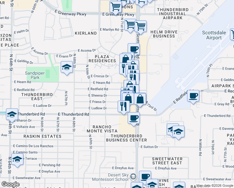 map of restaurants, bars, coffee shops, grocery stores, and more near 7036 East Sheena Drive in Scottsdale