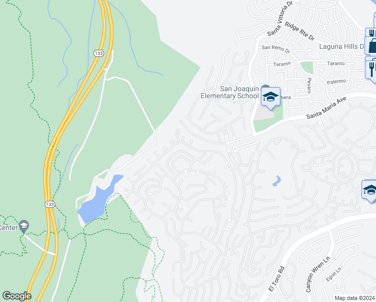 map of restaurants, bars, coffee shops, grocery stores, and more near 5349 Algarrobo in Laguna Woods