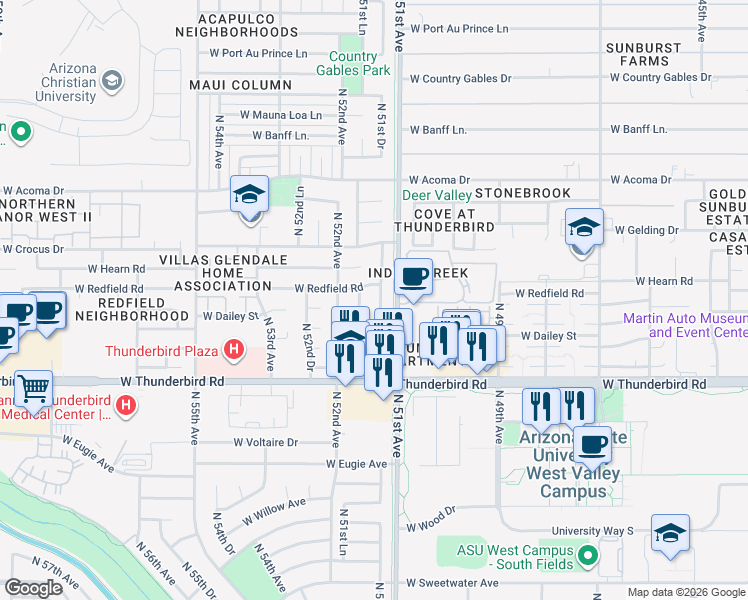 map of restaurants, bars, coffee shops, grocery stores, and more near 14017 North 51st Lane in Glendale