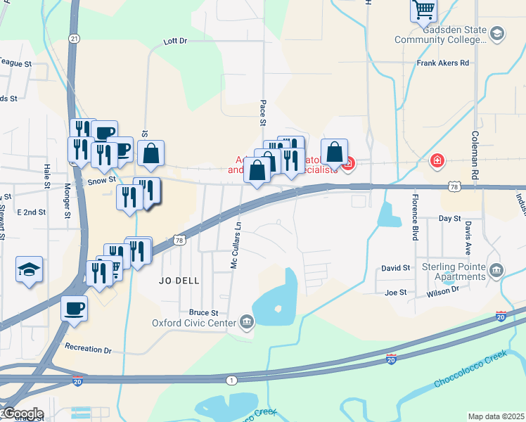 map of restaurants, bars, coffee shops, grocery stores, and more near 1112 Highway Drive in Oxford