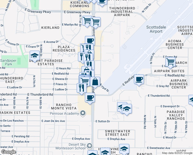 map of restaurants, bars, coffee shops, grocery stores, and more near 13951 North Scottsdale Road in Scottsdale