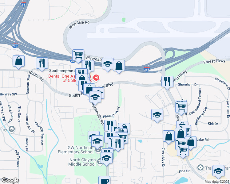 map of restaurants, bars, coffee shops, grocery stores, and more near 1720 Phoenix Boulevard in College Park