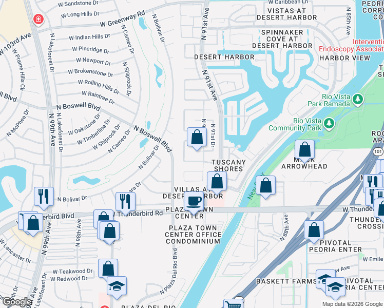 map of restaurants, bars, coffee shops, grocery stores, and more near 9151 West Watson Lane in Peoria