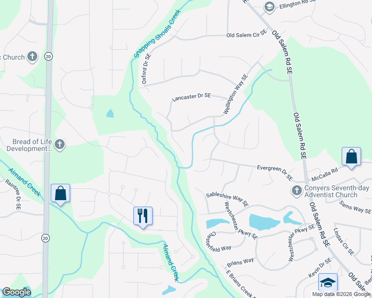 map of restaurants, bars, coffee shops, grocery stores, and more near 1147 Saint Remy Way Southeast in Conyers