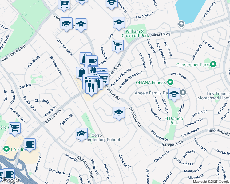 map of restaurants, bars, coffee shops, grocery stores, and more near 24021 Calle Estilo in Mission Viejo