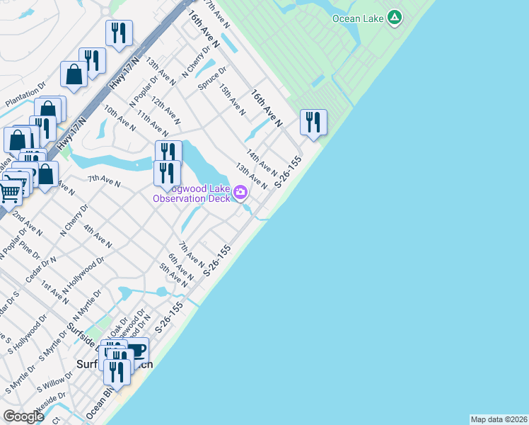 map of restaurants, bars, coffee shops, grocery stores, and more near 1111 North Ocean Boulevard in Surfside Beach