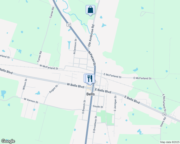 map of restaurants, bars, coffee shops, grocery stores, and more near 242 West McFarland Street in Bells