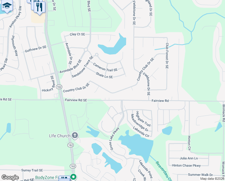 map of restaurants, bars, coffee shops, grocery stores, and more near 2410 Country Club Drive Southeast in Conyers