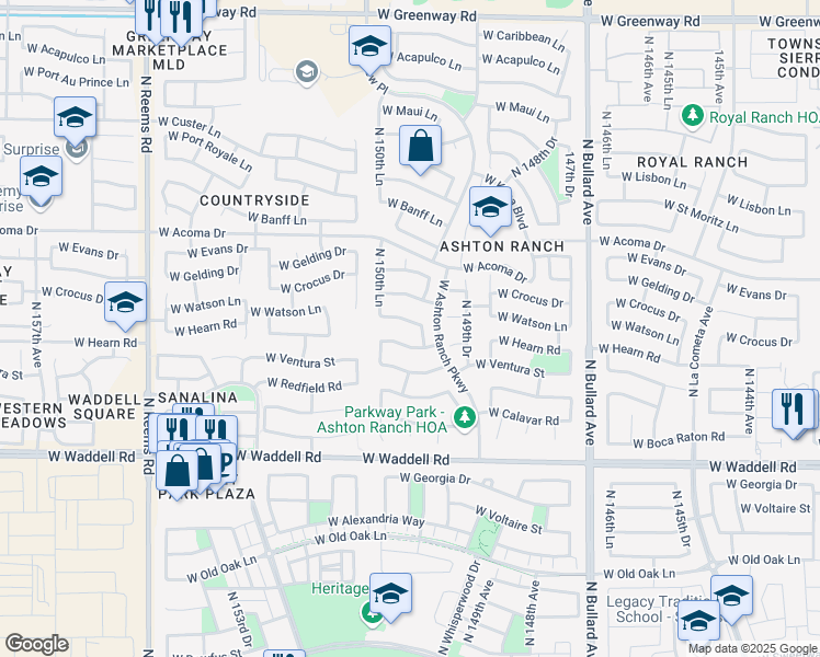 map of restaurants, bars, coffee shops, grocery stores, and more near 15015 West Watson Lane in Surprise