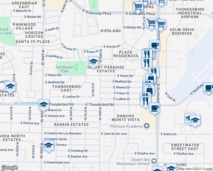 map of restaurants, bars, coffee shops, grocery stores, and more near 6836 East Sheena Drive in Scottsdale