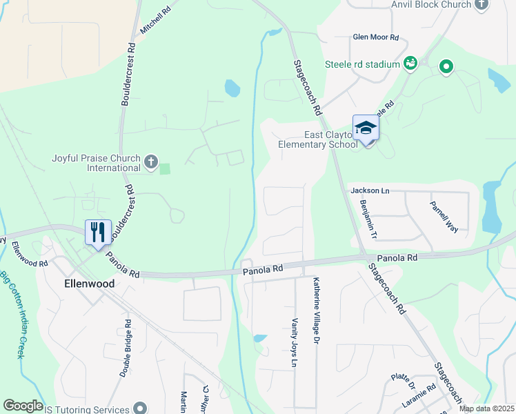 map of restaurants, bars, coffee shops, grocery stores, and more near 5170 Gilgal Way in Ellenwood