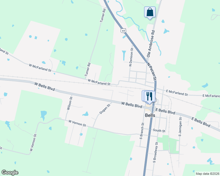 map of restaurants, bars, coffee shops, grocery stores, and more near 605 Gayle Circle in Bells
