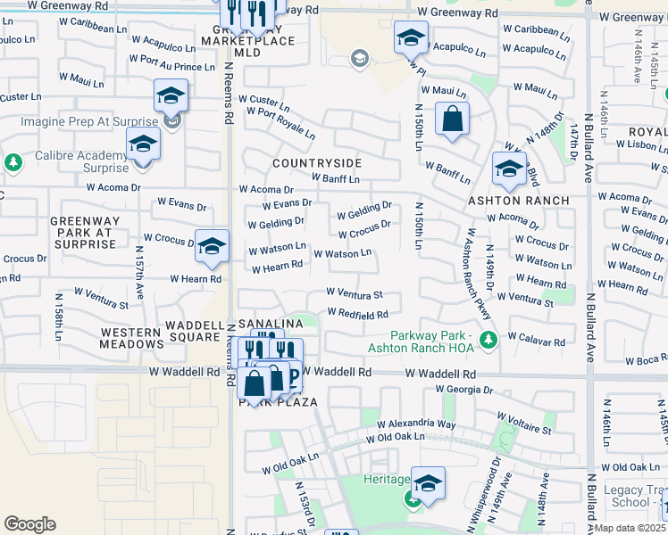 map of restaurants, bars, coffee shops, grocery stores, and more near 15282 West Hearn Road in Surprise
