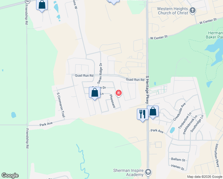 map of restaurants, bars, coffee shops, grocery stores, and more near 1215 Mallard Drive in Sherman