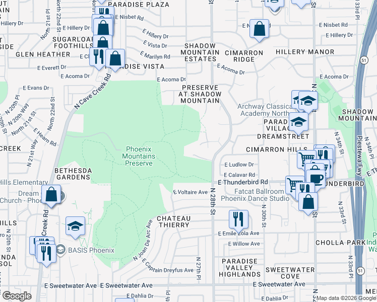 map of restaurants, bars, coffee shops, grocery stores, and more near 2704 East Friess Drive in Phoenix
