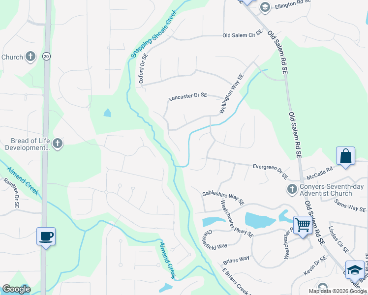 map of restaurants, bars, coffee shops, grocery stores, and more near 1147 Saint Remy Way Southeast in Conyers