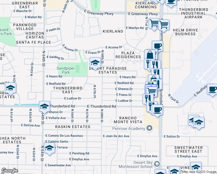 map of restaurants, bars, coffee shops, grocery stores, and more near 6836 East Sheena Drive in Scottsdale