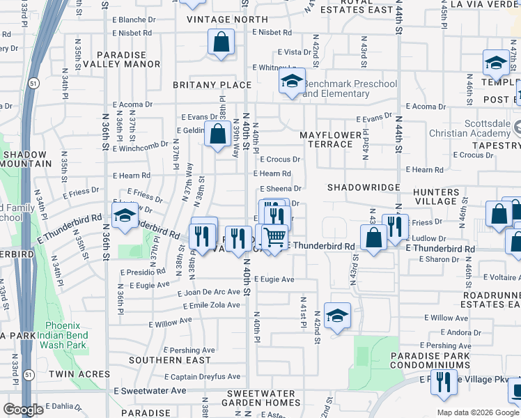 map of restaurants, bars, coffee shops, grocery stores, and more near 4032 East Ludlow Drive in Phoenix
