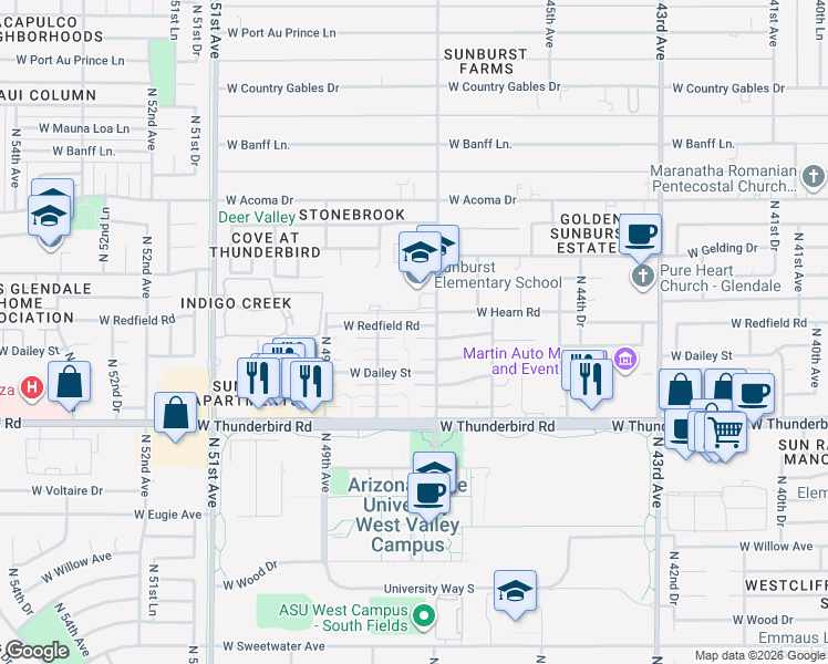 map of restaurants, bars, coffee shops, grocery stores, and more near 14050 North 47th Avenue in Glendale