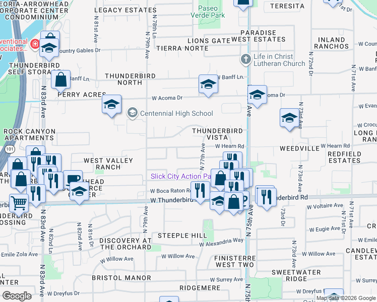 map of restaurants, bars, coffee shops, grocery stores, and more near 7748 West Redfield Road in Peoria