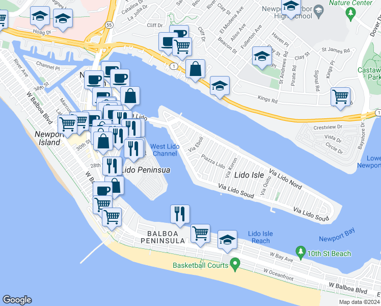 map of restaurants, bars, coffee shops, grocery stores, and more near 323 Via Lido Soud in Newport Beach