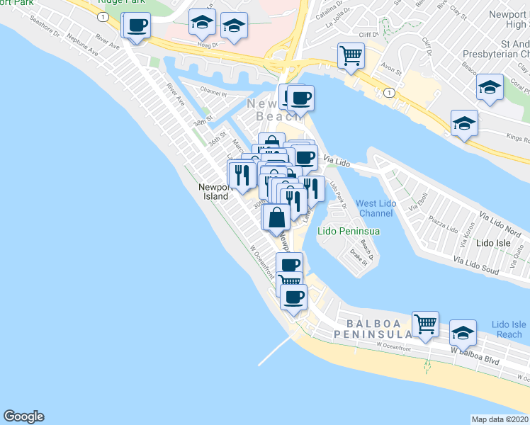 map of restaurants, bars, coffee shops, grocery stores, and more near 2819 Newport Boulevard in Newport Beach