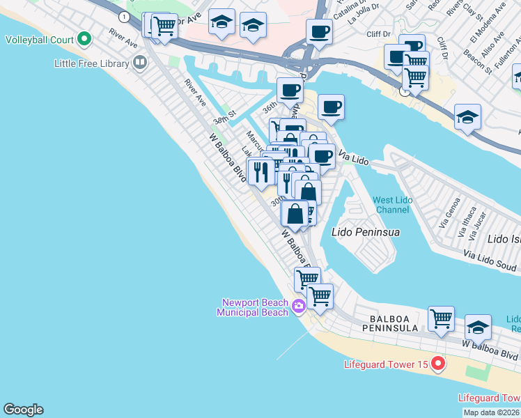 map of restaurants, bars, coffee shops, grocery stores, and more near 126 30th Street in Newport Beach