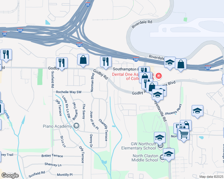 map of restaurants, bars, coffee shops, grocery stores, and more near 5171 Hanover Street in Atlanta