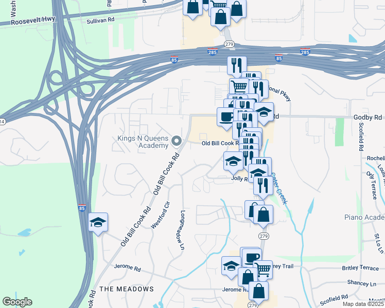 map of restaurants, bars, coffee shops, grocery stores, and more near 5205 Dunmoreland Court in Atlanta