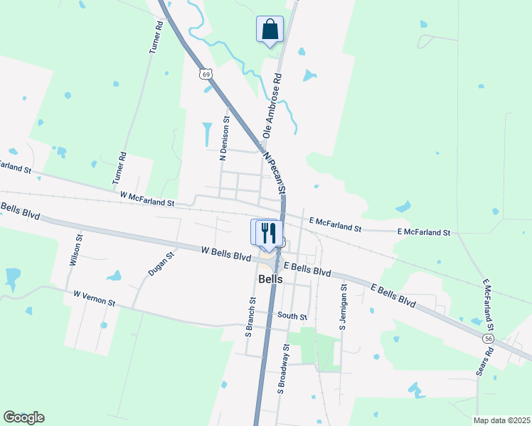 map of restaurants, bars, coffee shops, grocery stores, and more near 242 West McFarland Street in Bells