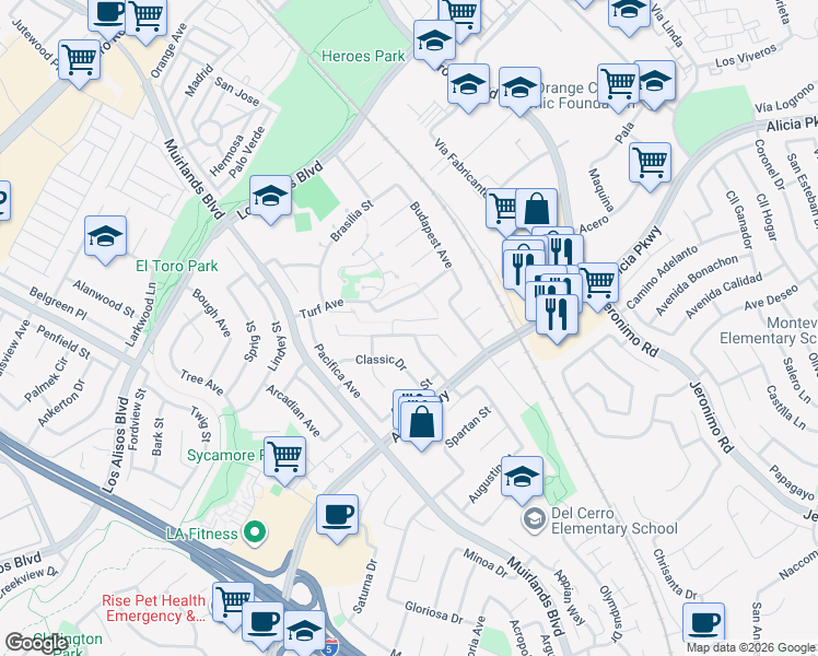 map of restaurants, bars, coffee shops, grocery stores, and more near 25501 Adriana Street in Mission Viejo
