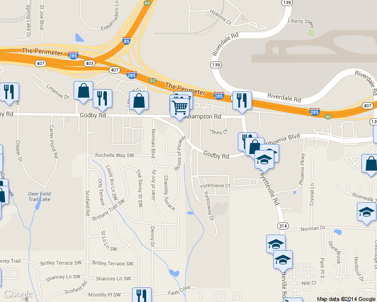 map of restaurants, bars, coffee shops, grocery stores, and more near 5171 Hanover Street in Atlanta