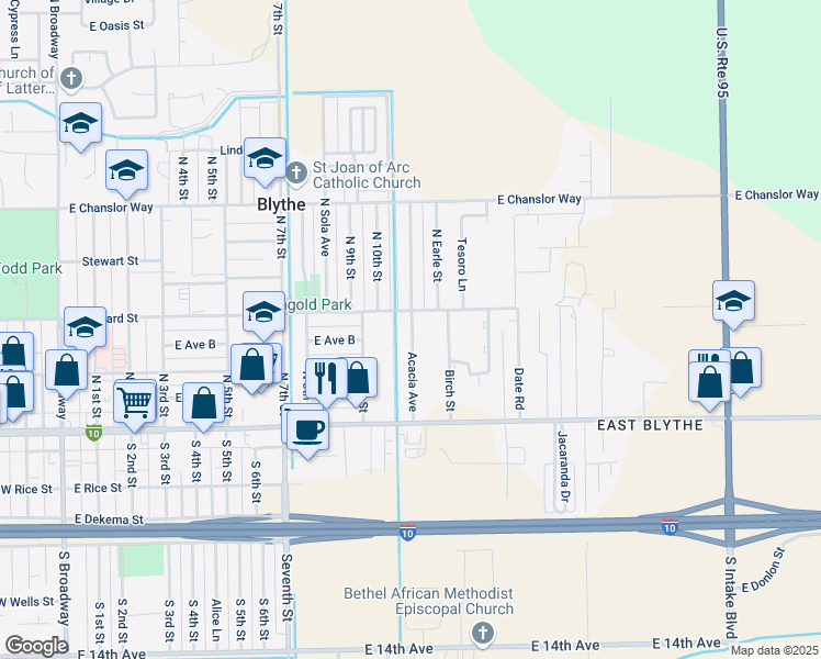 map of restaurants, bars, coffee shops, grocery stores, and more near 265 Acacia Avenue in Blythe