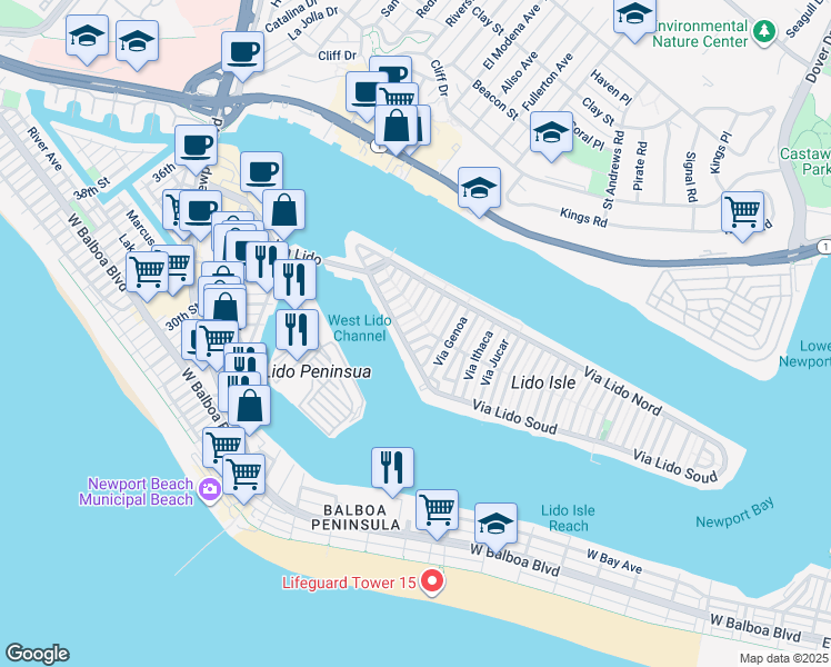 map of restaurants, bars, coffee shops, grocery stores, and more near 323 Via Lido Soud in Newport Beach