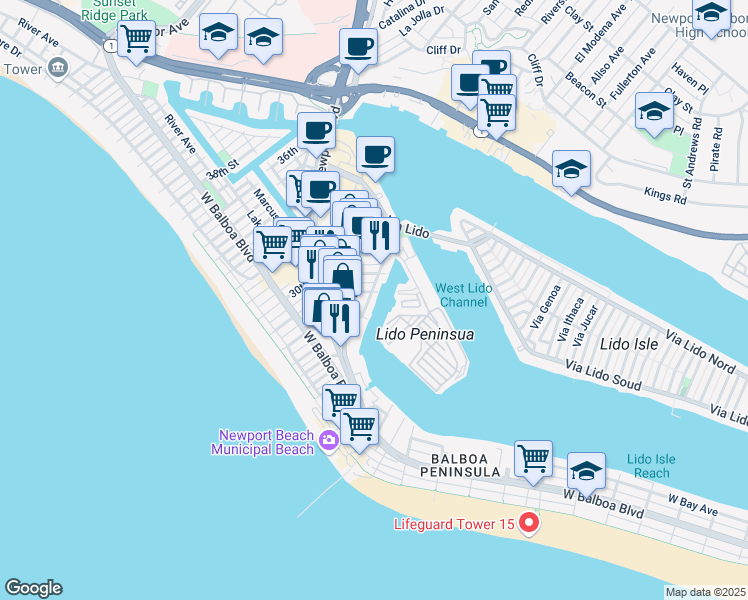map of restaurants, bars, coffee shops, grocery stores, and more near 2810 Villa Way in Newport Beach