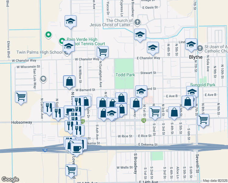 map of restaurants, bars, coffee shops, grocery stores, and more near 291 North Main Street in Blythe