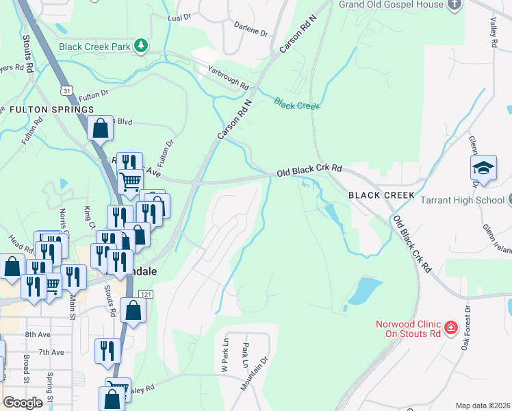 map of restaurants, bars, coffee shops, grocery stores, and more near 3709 Grand Central Avenue in Fultondale
