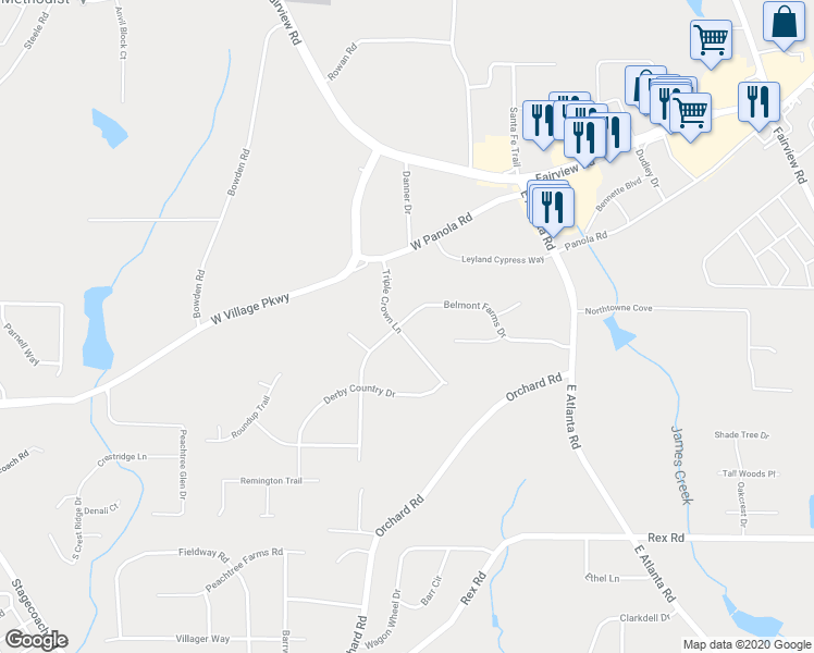 map of restaurants, bars, coffee shops, grocery stores, and more near 225 Belmont Farms Drive in Ellenwood